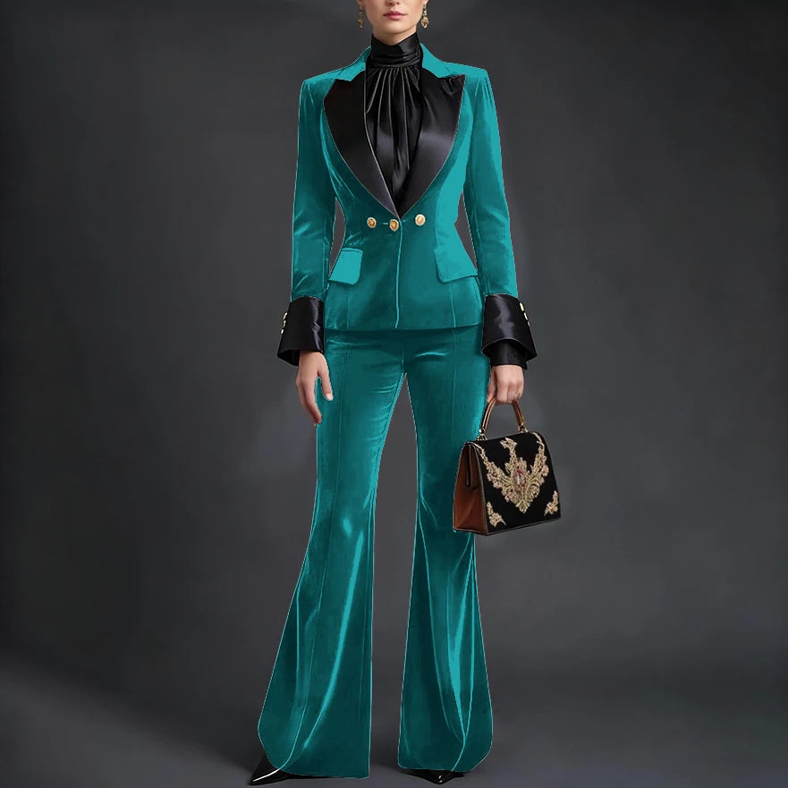 Luxury Velvet Women's Burgundy Suits Three Buttons 2-Piece Set Vintage Satin Peaked Lapel Blazer Flared Pants Evening Outfit