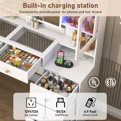 61.7" Large Vanity Desk with Mirror and Lights, Makeup Vanity with Charging Station, Sliding Drawers, 2 Cabinets with Glass Door