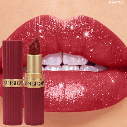 Diamond Shiny Velvet Matte Lipstick Glitter Shimmer Pearlescent Sexy Red Lip Tint Non-Stick Lip Stick High Pigment Lips Cosmetic