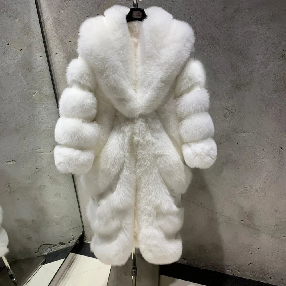 High End Customization Diagonal Stripe Fur Jacket Extra Long Floor Full Length Luxury Silver Fox Fur Coat with Big Collar