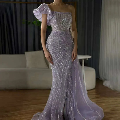 SERENE HILL Customized Lilac Luxury Beaded Mermaid Evening Dress 2025 Arabic Sexy Slit Women Occasion Party Gown CLA72277