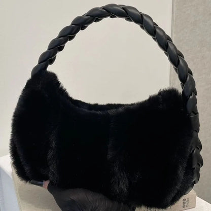 Elegant Furry Shoulder Bag Fluffy Soft Plush Handbag Solid Color Zipper Tote Bag