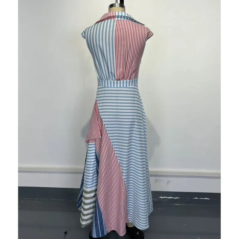 Personality Contrast Color Stitching Striped Dress Women's Summer Fashion Irregular Waist V-neck Sleeveless Commuting Dresses - Kimlud