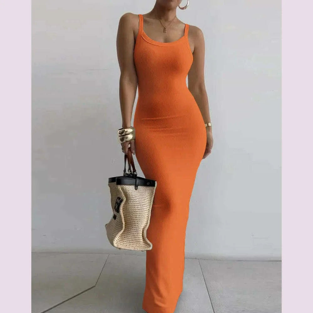 2025 Women s Sleeveless Strap O neck Sexy Belt Colorful Printed Long Skirt Evening Dress Y2k Sleeveless Solid Color Tight Fit