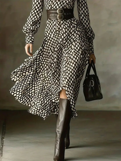 Spring and summer new style lapel print women's long sleeved dress diamond grid waist casual and comfortable dress