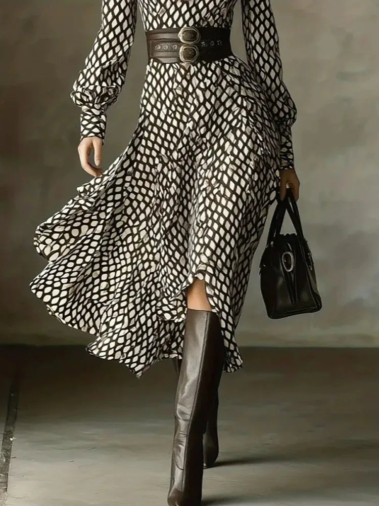 Spring and summer new style lapel print women's long sleeved dress diamond grid waist casual and comfortable dress