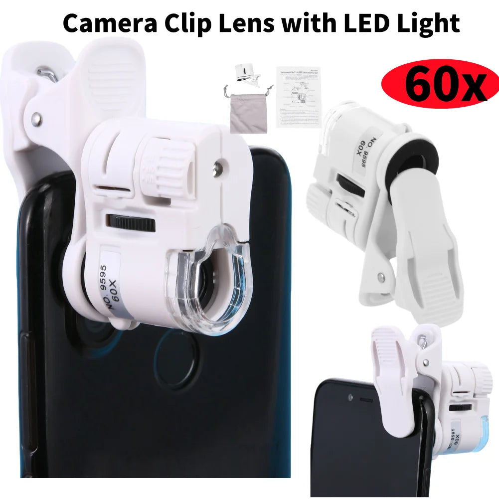 60X Mobile Phone Camera Clip Lens Mini Pocket UV/white Magnifier Portable Jeweler Microscope Loupe Used for students and learnin