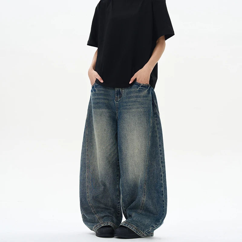 Baggy Wide-leg Jeans Men's Oversized Streetwear Vintage Washing Y2K Denim Pants Spliced Autumn Fashion Loose Man Trousers