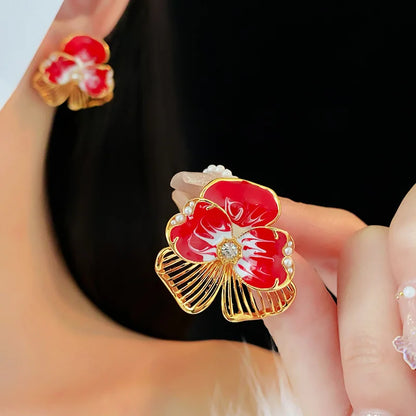 HUANZHI Enamel Pink Flower Stud Earring Irregular Petal Vintage Drip Oil Elegant Sweet Jewerly Gift for Women Girls