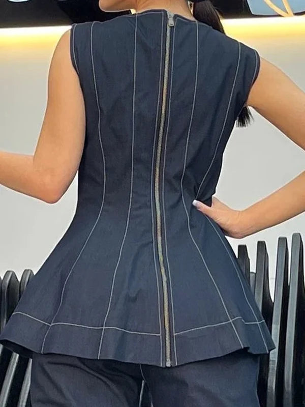 Krisstarsgirl 2025 Trendy Denim Blouse Office Lady Elegant Autumn Back Ziper 3D Flowers Woman Chic Summer Tops Sleeveless Vest
