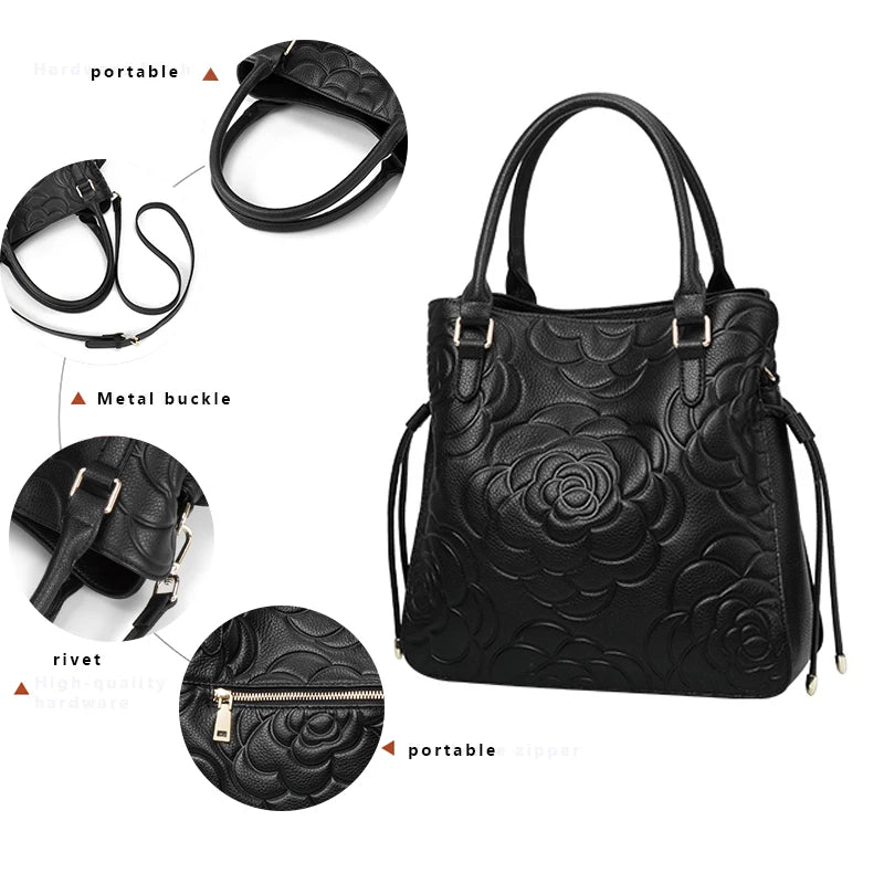 Aidrani Fashion Genuine Leather Women's Bag Large Capacity Women's Handbag Black Embossed Cowhide Shoulder Bag