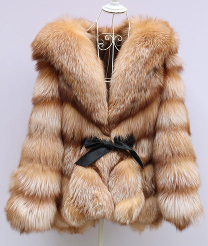Hot Sale GoldRed Women's Hooded Fox Fur Coat with Batwing Sleeves Double-Sided Natural Fur Jacket Ladies Outerwear