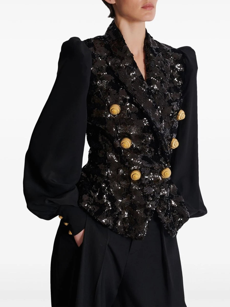 TWOTWINSTYLE Fashion Slimming Spliced Sequins Blazers for Women Lapel Long Sleeves Tunic Patchwork Metal Buttons Blazer Female