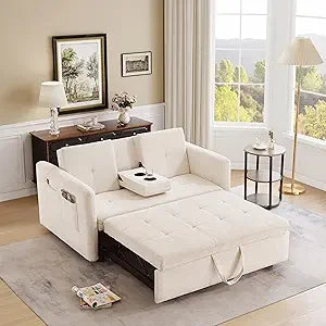 Convertible Brown Sofa Bed with Cup Holders, Pull-Out Sleeper, USB Ports for Living Rooms, Bedrooms, and RVs | Kimlud...