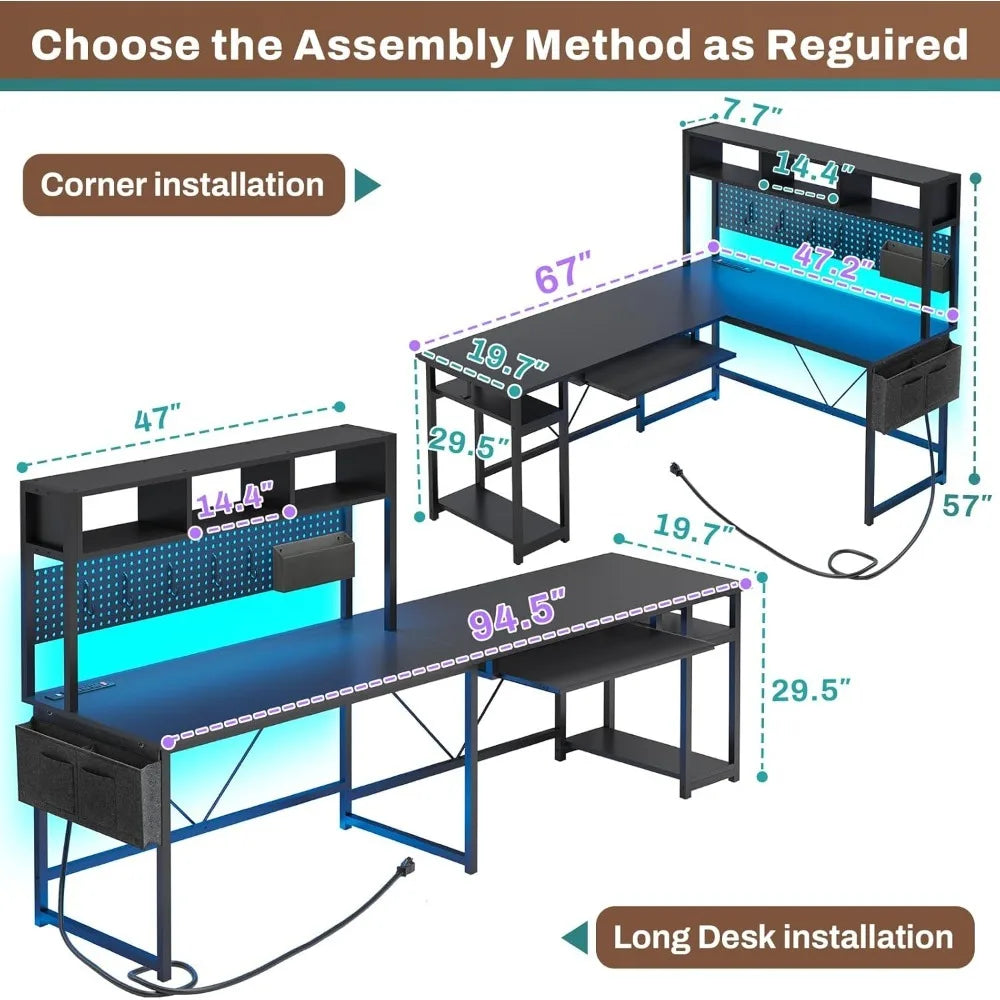 L Shaped Gaming Desk with Power Outlet LED Lights Keyboard Tray Pegboard Storage Bag Reversible Computer Desk for Home Office