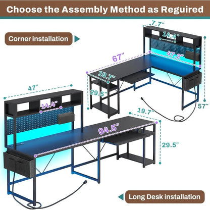 L Shaped Gaming Desk with Power Outlet LED Lights Keyboard Tray Pegboard Storage Bag Reversible Computer Desk for Home Office