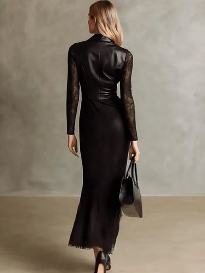 Retro Imitation Pu Leather Women's Lace Dress Lapel Sheer Long Sleeve High Waist Elegant Bodycon Dress High Street Maxi Dresses