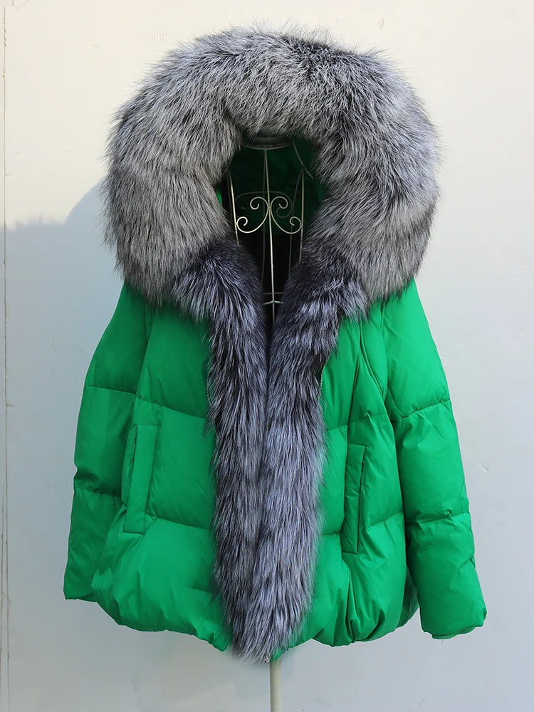 New Fashion Outerwear Puffer Jacket 2024 Women Coat White Duck Down Jacket Super Large Real Silver Fox Fur Collar Hooded