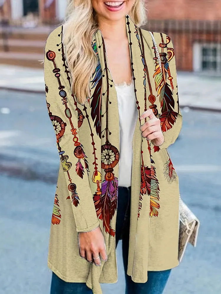 Clearance Plus Size Ethnic Print Long Sleeve Top Coat Bohe Retro Mid-Length Cardigan Daily Comfortable Female Clothing On Sale