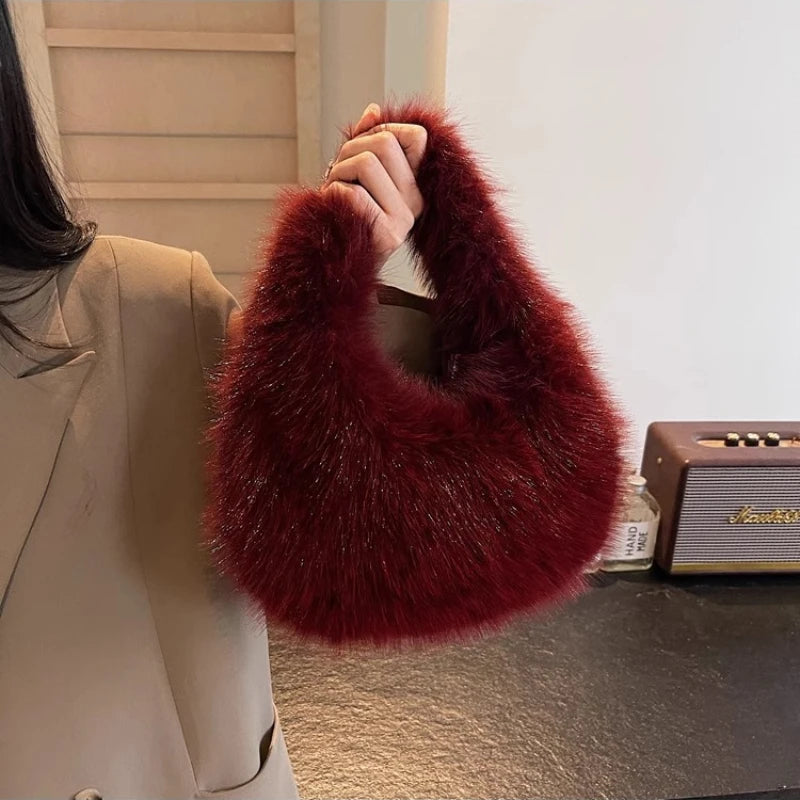 Soft Plush Women's Small Handbags Simple Faux Fur Female Fluffy Clutch Purse Winter Fashion Furry Tote Solid Color Shoulder Bags
