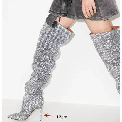 High quality European and American knee length rhinestone pile boots for women's sexy slim high heeled pointed runway boots