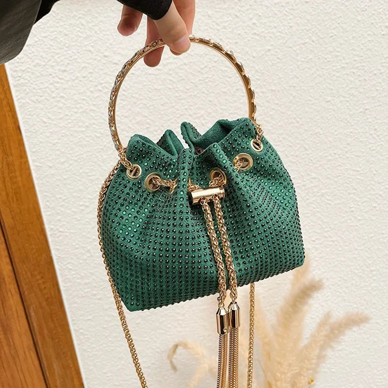 Luxury Diamonds Tassel Evening Clutch Bag Women Designer Chain Metal Ring Handle Shiny Crystal Bucket Purse Bridal Wedding Party
