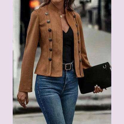 Spring Auutmn Jacket Blazer Coat Double-breasted Stand Collar Buttons Slim Long Sleeves Retro Cardigan Women Outdoor Suit Jacket