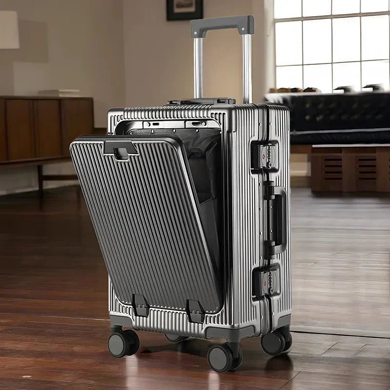 Front Opening Large Capacity Rolling Luggage Case Aluminum Frame Trolley Case USB Charging Boarding Suitcase With cup holders