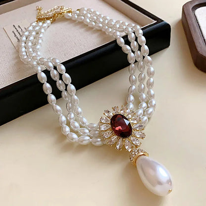 Flower Inlaid Rhinestone Drop Pearl Necklace Earring Set French Style Clavicle Chain Light Luxury Jewelry Sets for Women