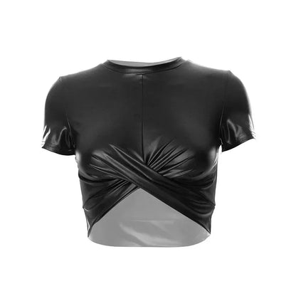 2024 Women's Tight T-shirt Spring/Summer New Bright Lacquer Leather Cross Short Top for Women