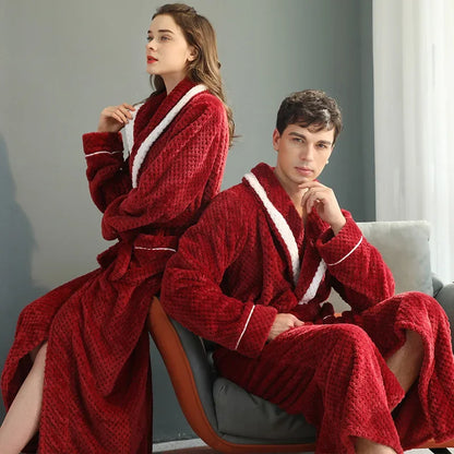 Winter Couple Flannel Robe Sets Lovers Solid Thicken Bathrobe Gown Nightwear with Pockets Intimate Lingerie & Cozy Home Clothing