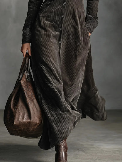 Womens Corduroy Dress Retro High Street Style Turndown Collar Single Breasted Long Sleeve Slim Fit with Pockets Autumn