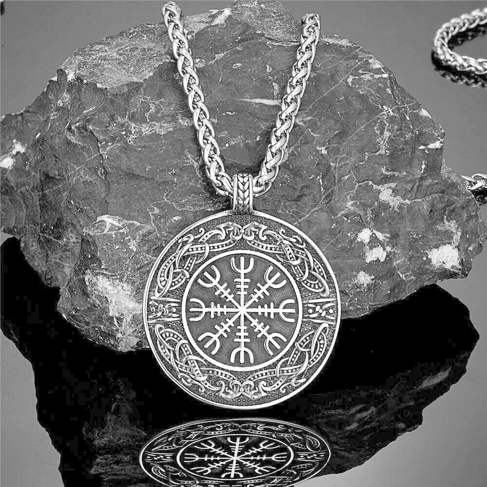 Vintage Ouroboros Vikings Rune Compass Necklace Men Norse Amulet Stainless Steel Pendant Genuine Leather Chain Icelandic Jewelry