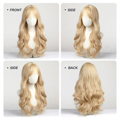 EASIHAIR Sandy Blonde Golden Wavy Synthetic Wigs with Long Bangs Cosplay Lolita Party Hair Wigs for Women Natural Heat Resistant