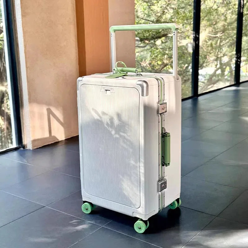 Front Opening Pocket Rolling Luggage Aluminum Frame Wide Handle Trolley Suitcase with Colorful Silent Wheels & USB Charging Plug