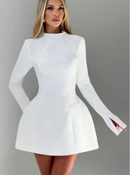 Women High Waist A-line Party Birthday Club Dresses Spring Autumn Black White Dress Luxury Long Sleeves Backless Sexy Mini Dress - Kimlud