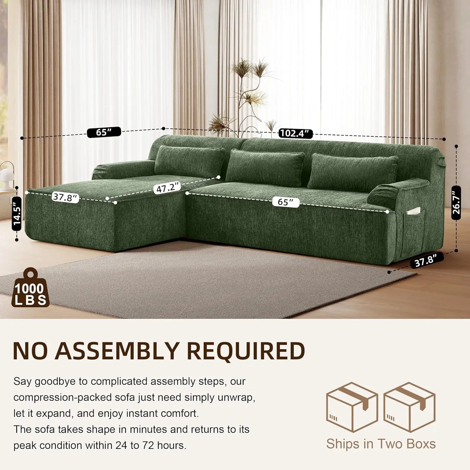 L-Shaped Modular Sectional Chenille Sofa 3 Pockets Scratch Pet Friendly Living Room 102in Left Facing Green, Customized...
