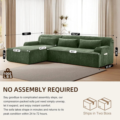 L-Shaped Modular Sectional Chenille Sofa 3 Pockets Scratch Pet Friendly Living Room 102in Left Facing Green, Customized...