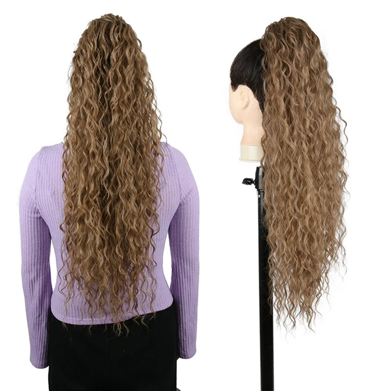 Julianna Synthetic Kanekalon Black Drawstring Water Wave Ponytail Extension Female Curly Wavy Clip In Ponytail Hair Extension