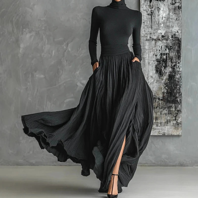 Turtleneck Pullover Top Women Skirt Set Chic Female Shirt And Long Skirt Matching Suit Office Slim Fit Skirt Two Piece Sets 2025