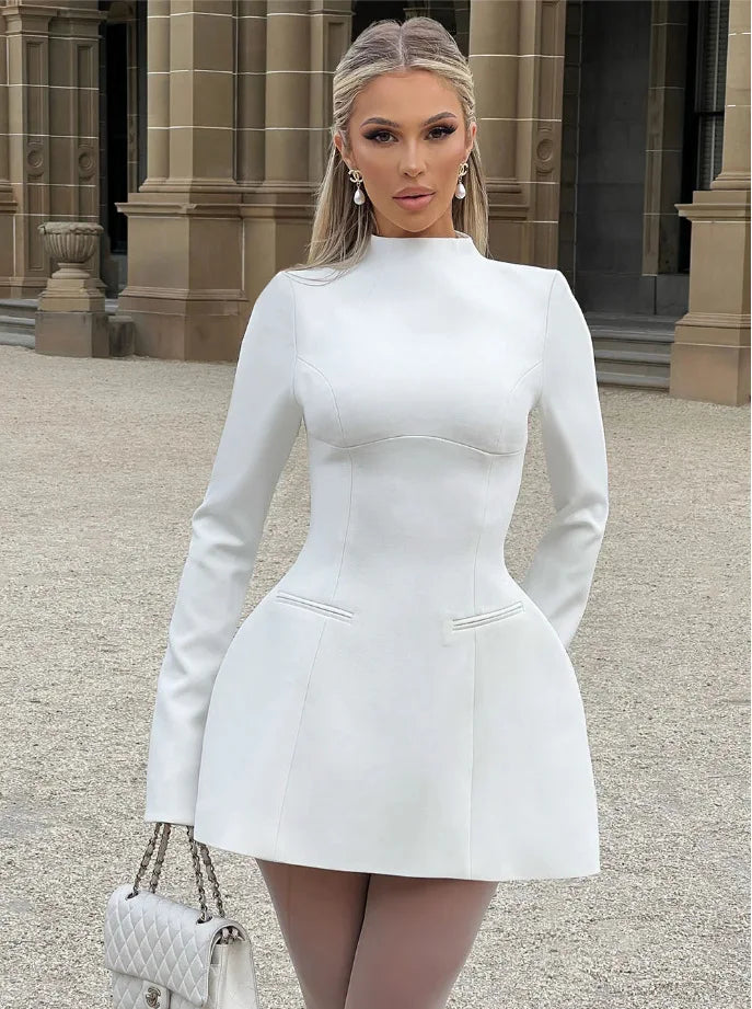 Women High Waist A-line Party Birthday Club Dresses Spring Autumn Black White Dress Luxury Long Sleeves Backless Sexy Mini Dress - Kimlud