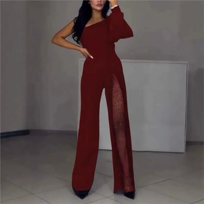 Autumn And Winter Fashion Sexy Slanted Shoulder High Slit Jumpsuit Elegant Women's Solid Color Single Shoulder Sleeve Jumpsuit