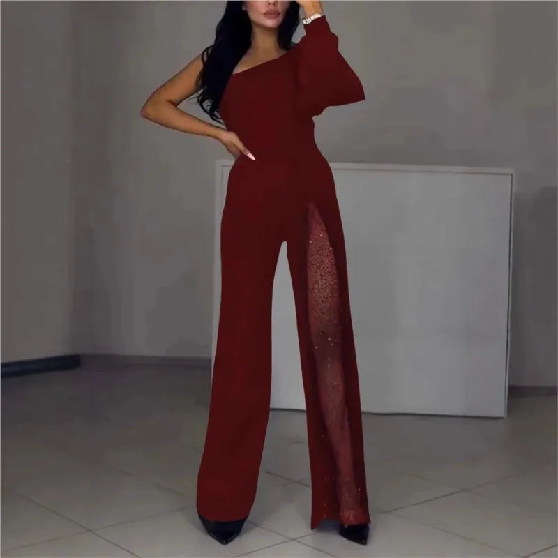 Autumn And Winter Fashion Sexy Slanted Shoulder High Slit Jumpsuit Elegant Women's Solid Color Single Shoulder Sleeve Jumpsuit