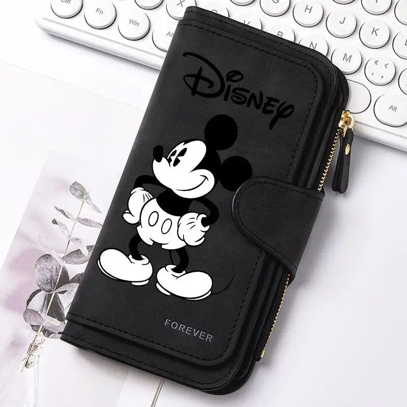  Mickey Minnie Lady Long Zip Wallet Buckle Tote Bag Coin Purse Soft PU Leather Multi-functional Card Holder Casual Daily