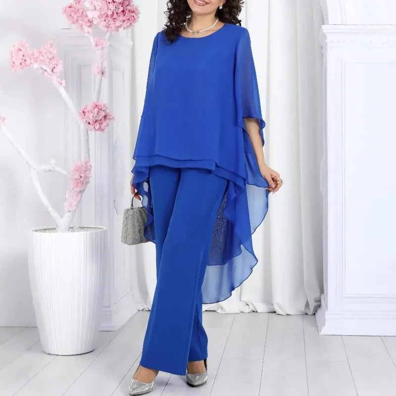 Elegant 2 Pieces Sets Woman's Chiffon Solid Mid-Sleeve Layered ruffled edges Long Top & Straight-leg Trousers Pants Sets Outfits