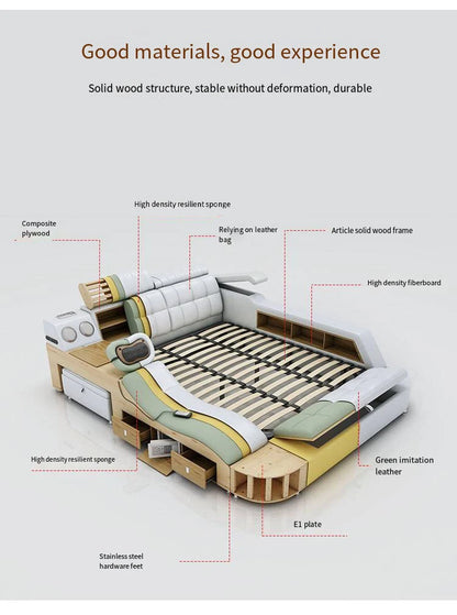 Leather Smart Bed King Size Sofa Multifunctional Queen Bed Bedroom Furniture Double Bed With Massager Lit 2 Places...