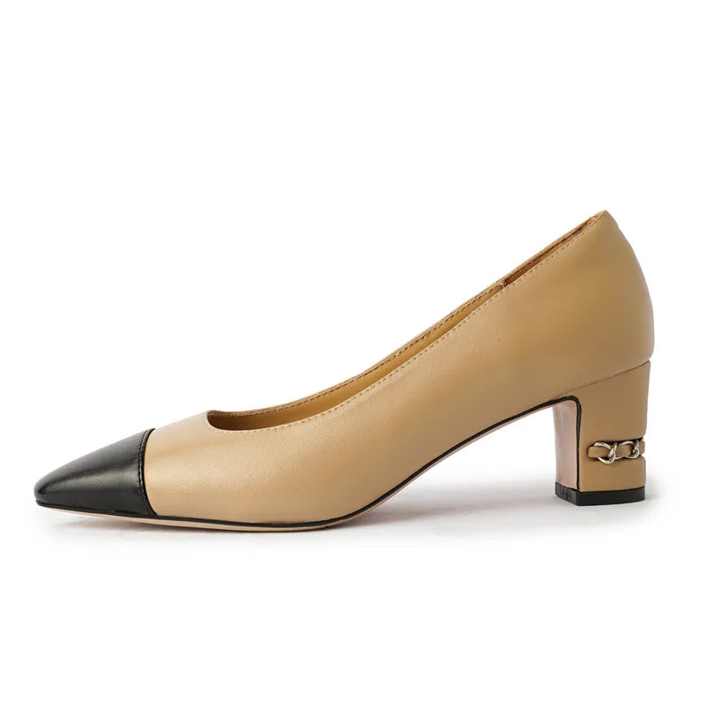 MKKHOU Fashion Shoes New High Quality Genuine Leather Shoes Color blocked Round Head Shallow Mouth High Heels Women's Shoes - Kimlud