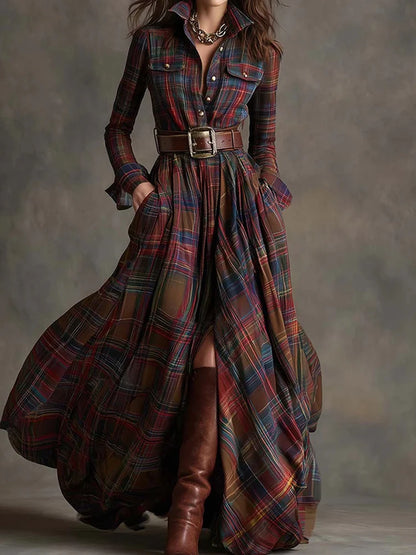 2025 Turn-Down Collar Patchwork Party Dress, Women Spring Autumn Long Sleeve Chic Maxi Dress, Plaid Printed Loose Cardigan Dress