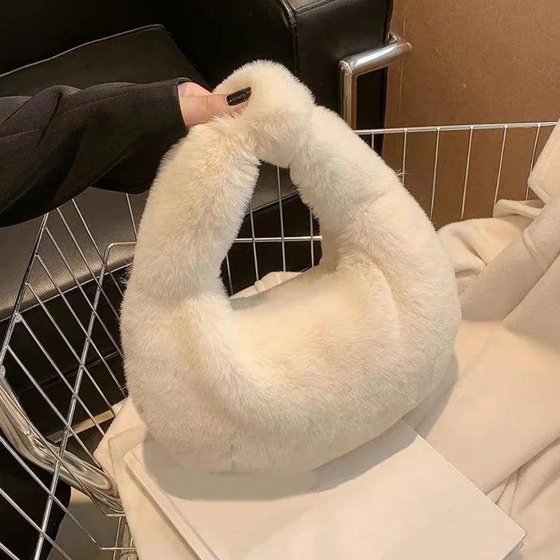 Solid Color Plush Dumpling Bag Simple Style Niche Design Faux Fur Handbag Tote Small Women's Underarm Hobo Bag