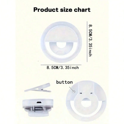 1pc Portable LED Selfie Light, USB Rechargeable Clip-On Ring Lamp With Adjustable 3-Level Brightness, Compact Travel Gadget